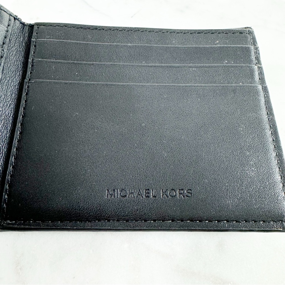 #10 🪩 374. Michael Kors Black/Gray Leather Bifold Wallet Mens Slim MK Monogram - Picture 5 of 10